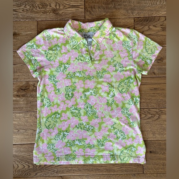Lilly Pulitzer Vintage Tiger and Pink Flower Print Polo Shirt size L - Picture 5 of 10